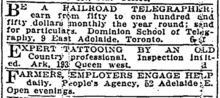 Early tattoo ad in Toronto Star Aug. 8th, 1908