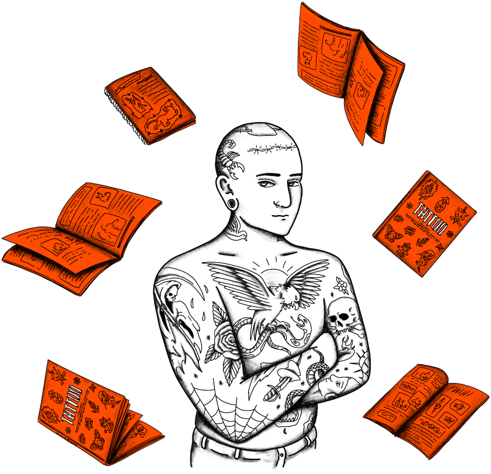 artist standing next to flying tattoo magazines