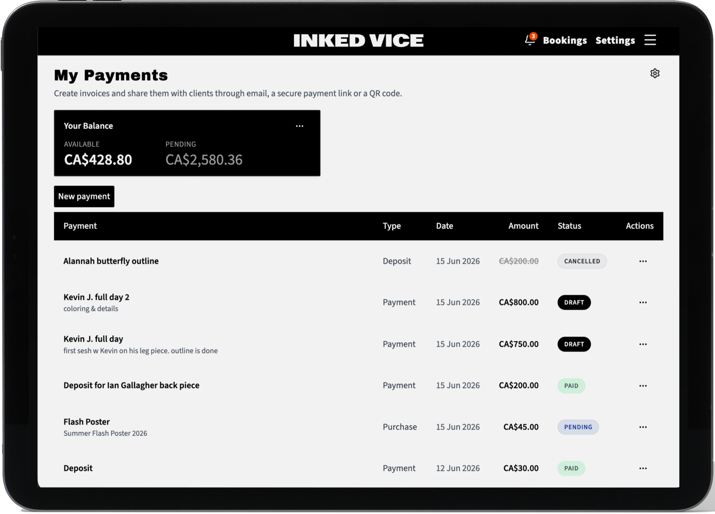 Invoices — manage payments and balances for bookings