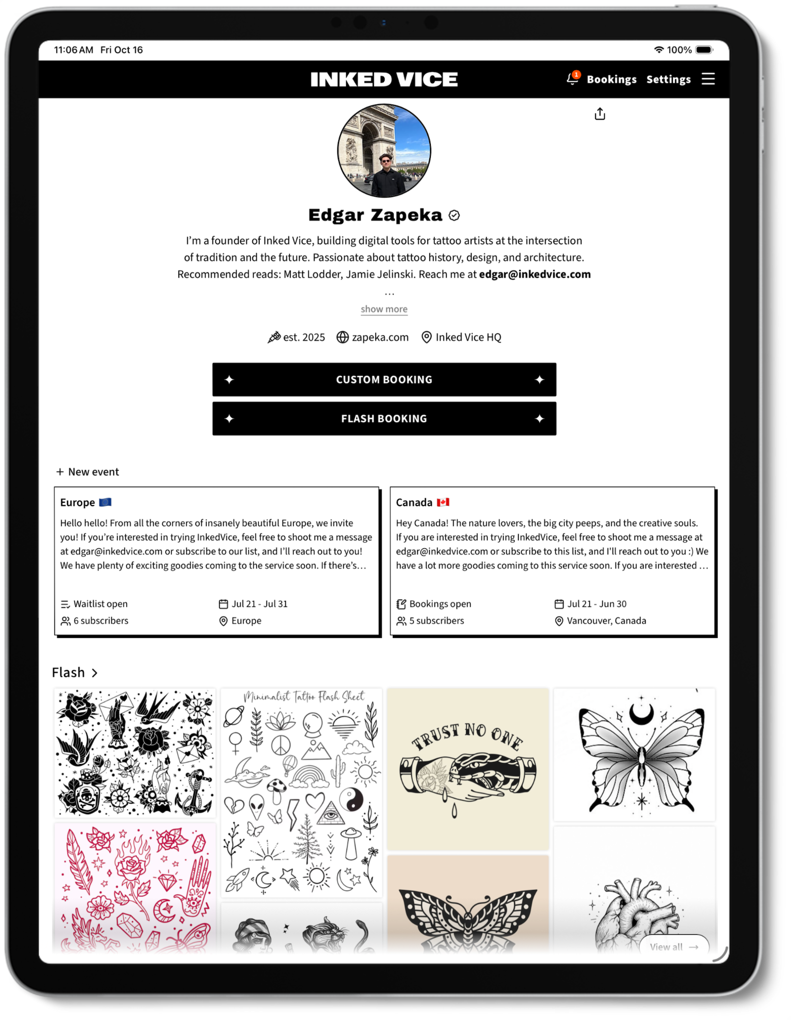 Artist showcase page — portfolio, FAQ and booking in one place
