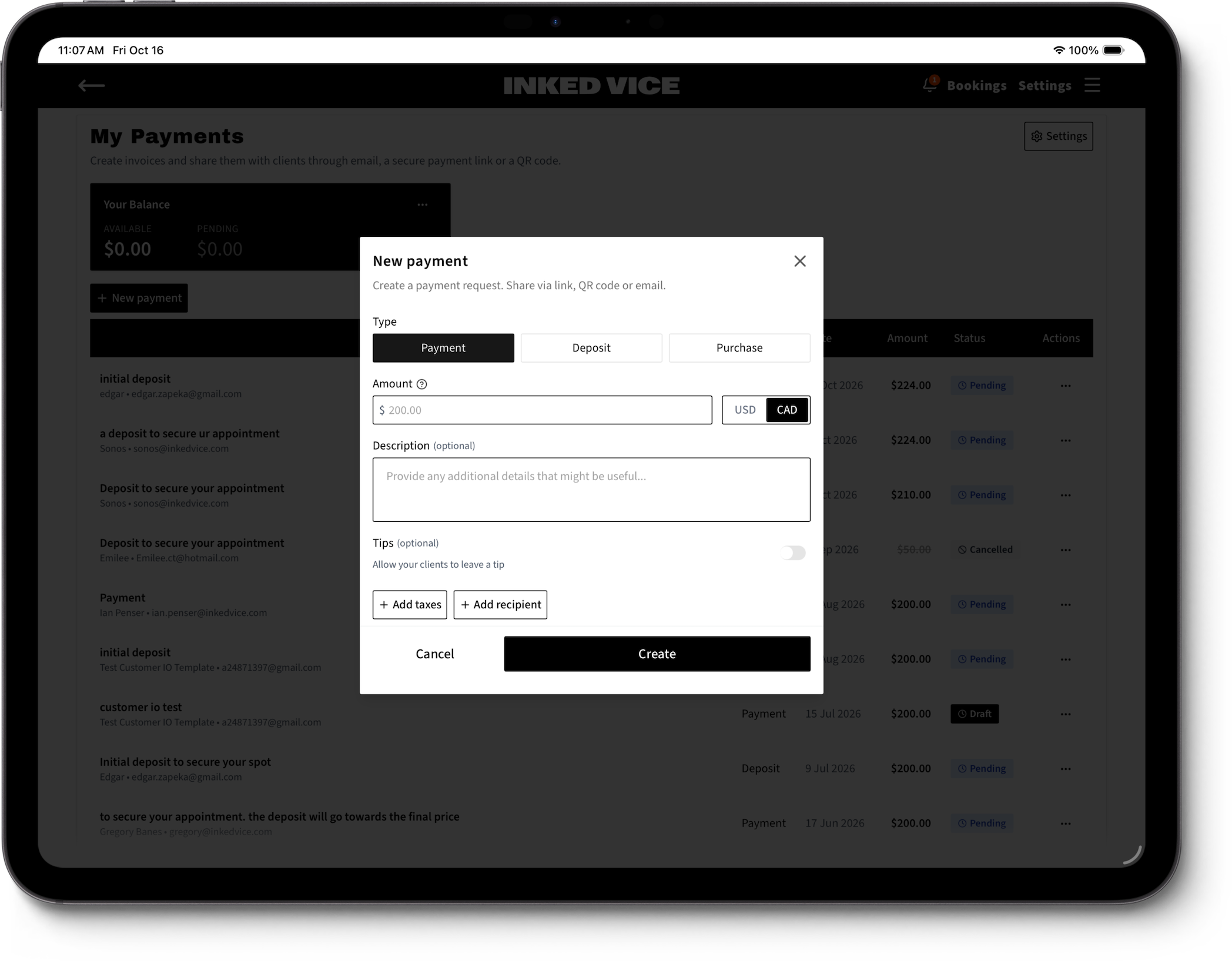 Payments — create and share payment requests with clients